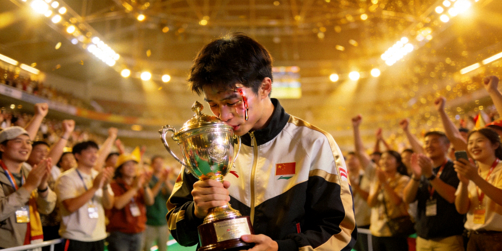 年轻运动员首次夺冠后激动地亲吻奖杯的感人场景