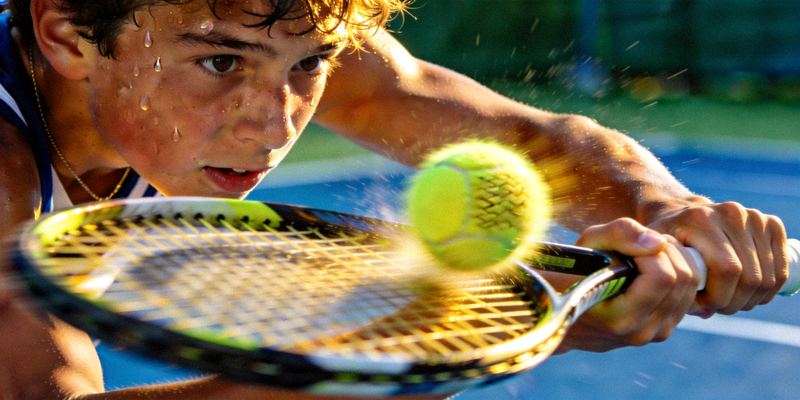 网球年轻选手在赛场上奋力挥拍击球的特写镜头