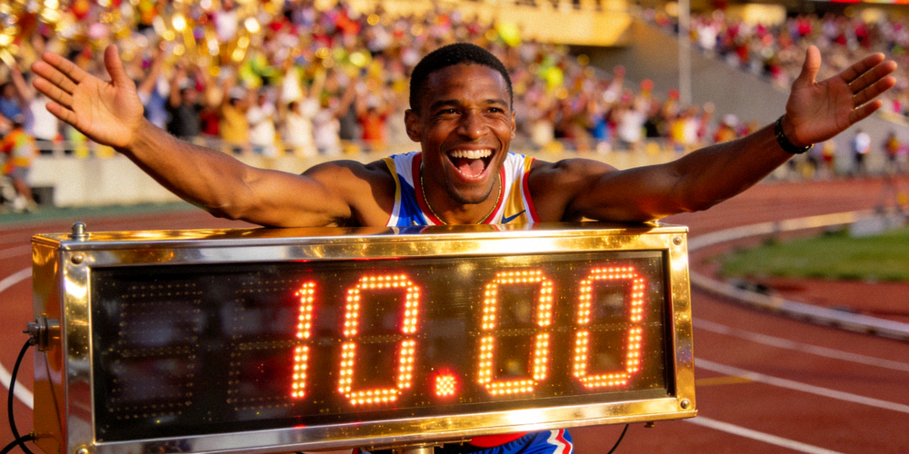运动员在打破世界纪录后与计时器合影的历史性画面